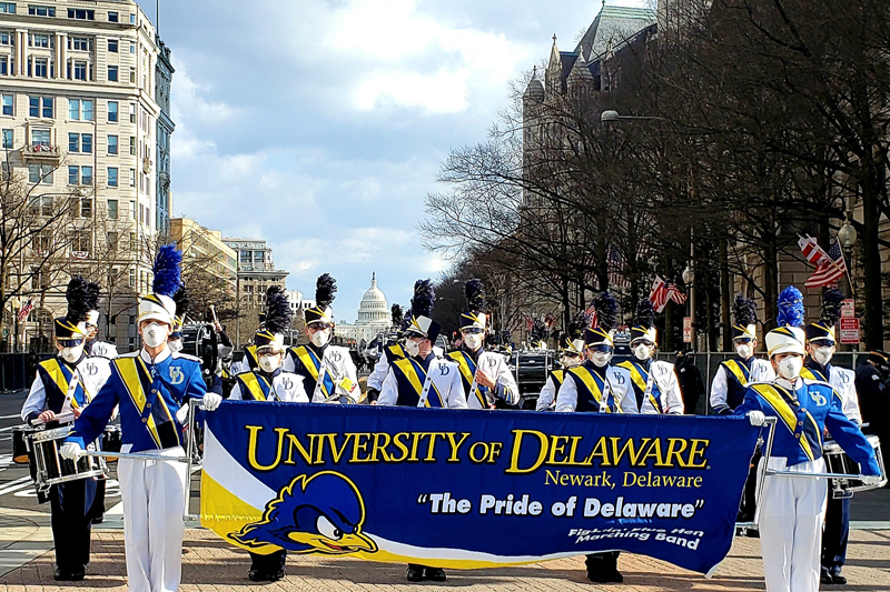 UDMB was one of only two civilian groups invited to participate in the 2021 presidential escort for UD alumnus Joseph R. Biden’s inauguration on Jan. 20, 2021. UDMB was one of only two civilian groups invited to participate in the 2021 presidential escort for UD alumnus Joseph R. Biden’s inauguration on Jan. 20, 2021.