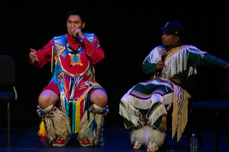 Kenneth Shirley of the Navajo Nation and Manny Hawley answer audience questions during a Q&A session in Mitchell Hall.