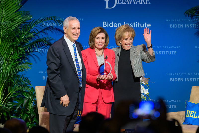 The University of Delaware welcomed Speaker Emerita Nancy Pelosi, pictured with UD President Dennis Assanis and Biden Institute Chair Valerie Biden Owens, to campus on Friday, Dec. 1, and recognized her as the 2023 recipient of the Valerie Biden Owens Woman of Power and Purpose Award.
