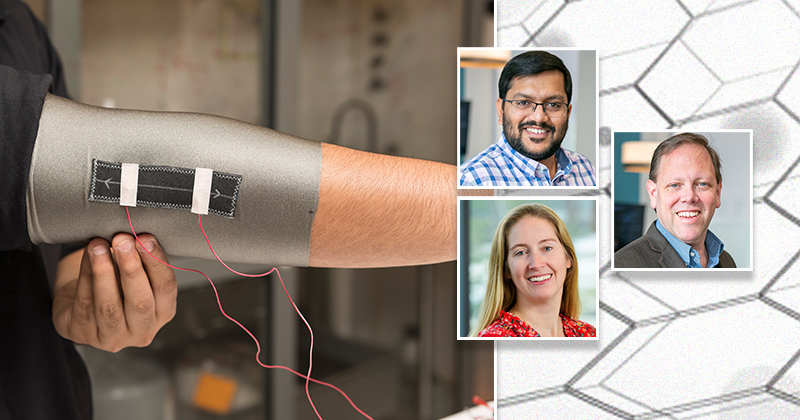 In a project led by Erik Thostenson (right) with co-PI’s Sagar Doshi (top left) and Jill Higginson, UD engineers are developing nanomaterial-based sensors that can measure precise changes in human movement.