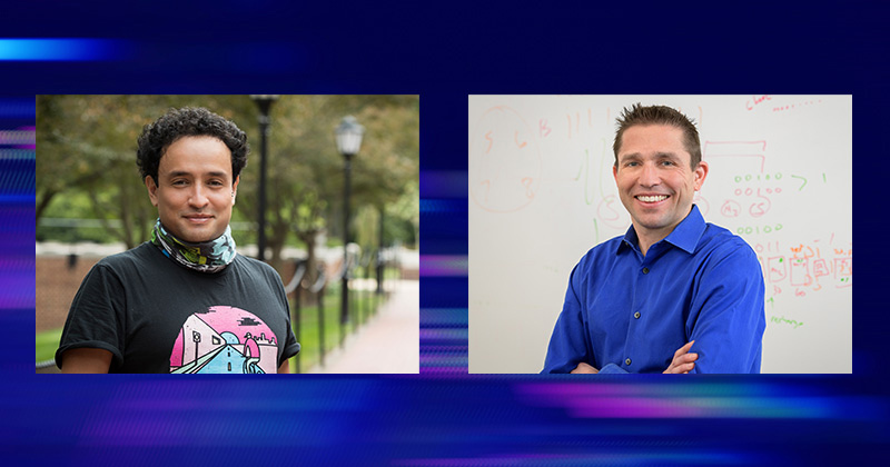 Juan Perilla (left), assistant professor of chemistry and biochemistry, and Josh Neunuebel, assistant professor of psychological and brain sciences, have been named 2022 Mangone Young Scholars by the University of Delaware’s Francis Alison Society. The 27th annual awards recognize the promising and accomplished work of young researchers at the University.