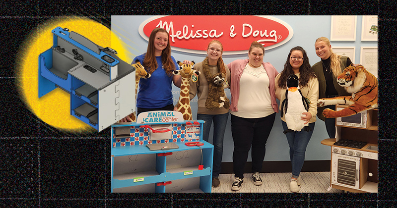 From left to right, Bethany Newton, Sarah Bartlett, Dani Moore and Zoe Smith worked with Melissa & Doug’s Rachel Belter (middle) on a project sponsored by the company to tweak an already successful product in a way that could reduce packaging and shipping costs. 