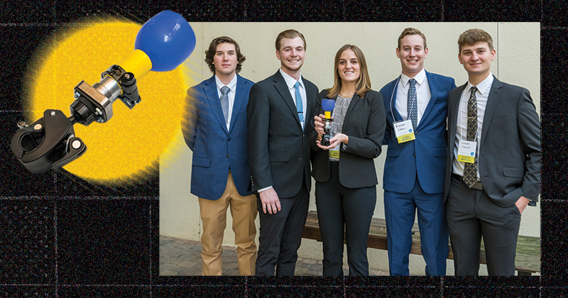 From left to right, Gavin McMahon, Nicholas Wickersham, Suzannah Hoguet, Brendan Cohen and Michael Trainor with their adaptable bicycle prototype at the December showcase. 