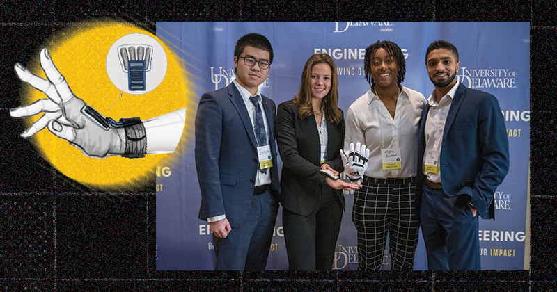 From left to right, Haonan “Switch” Huang, Emma FitzGibbon, Alyssa Giordani and Raj Shah created a prototype of a glove to protect the metacarpal bones of football players who have suffered a hand fracture. Their devices won the Rehabilitation Devices Award and the December showcase. 