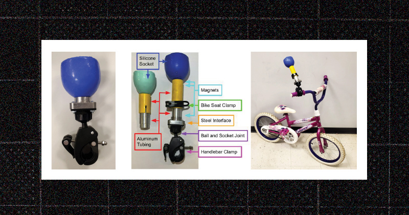 In a project sponsored by Nemours, students developed an adaptable device to help children with a congenital below-elbow amputation use a bicycle independently. Team 202’s final design is an adjustable post that attaches to a bike handlebar, along with a cup and joint structure that detaches in case of a fall. 