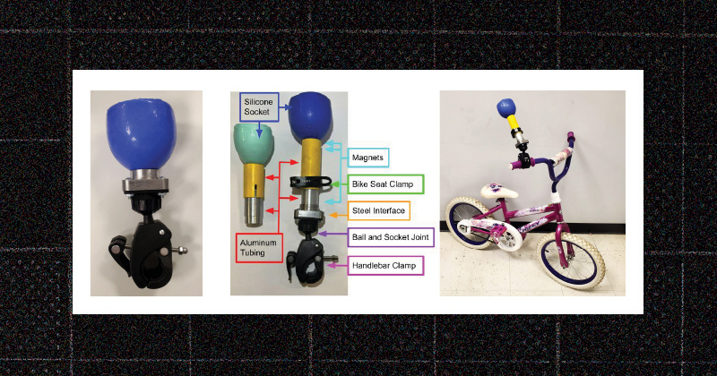 In a project sponsored by Nemours, students developed an adaptable device to help children with a congenital below-elbow amputation use a bicycle independently. Team 202’s final design is an adjustable post that attaches to a bike handlebar, along with a cup and joint structure that detaches in case of a fall. In a project sponsored by Nemours, students developed an adaptable device to help children with a congenital below-elbow amputation use a bicycle independently. Team 202’s final design is an adjustable post that attaches to a bike handlebar, along with a cup and joint structure that detaches in case of a fall.