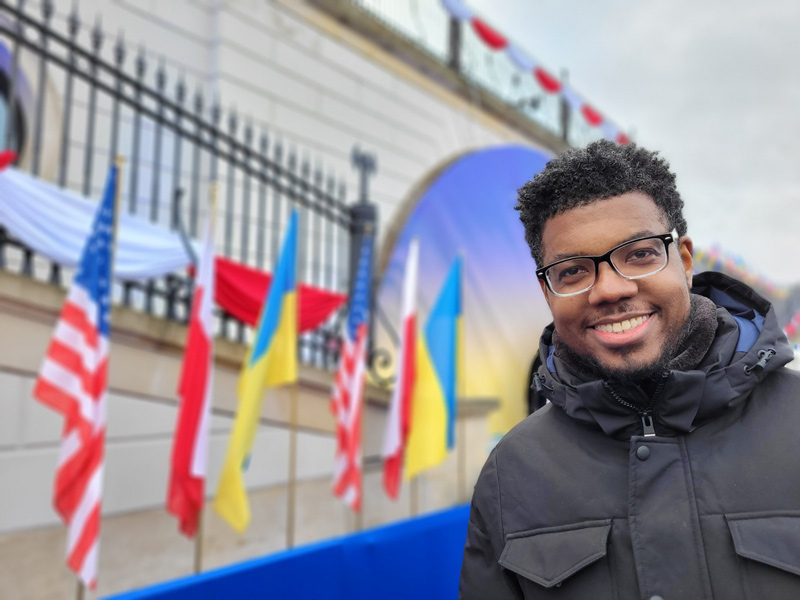 n Warsaw earlier this week, Alleyne waited for hours to hear fellow alumnus and U.S. President Joe Biden reaffirm his support for Ukraine. n Warsaw earlier this week, Alleyne waited for hours to hear fellow alumnus and U.S. President Joe Biden reaffirm his support for Ukraine.