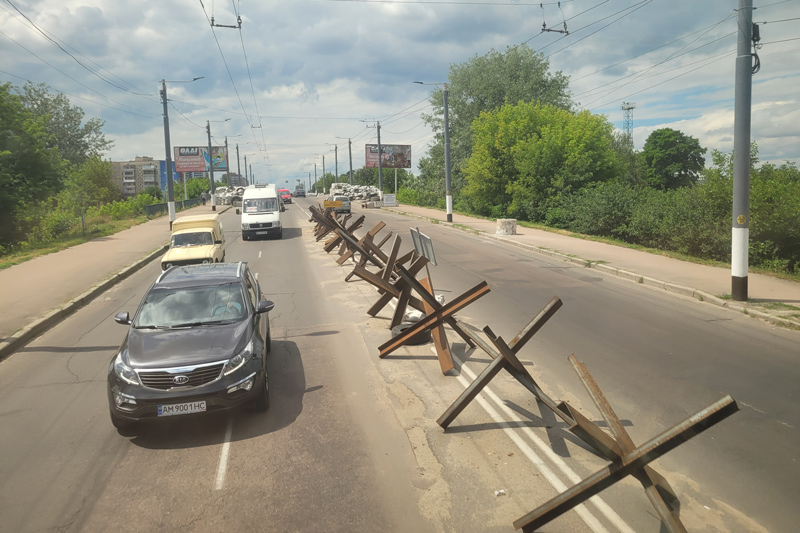 Anti-tank “hedgehogs” line the road near Makariv, Ukraine.
