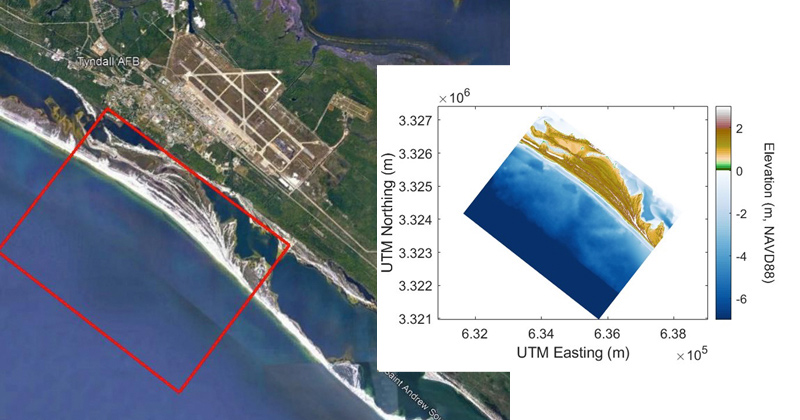 This image shows one of the areas a team of civil engineers will be focusing on — the coastline near Tyndall Air Force Base along the Gulf of Mexico — during a multi-year research project to examine the varying strengths and weaknesses of coastal flooding models, particularly in the face of changing water levels.