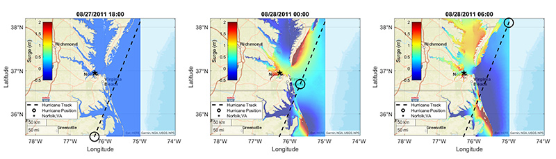 These three images show how the position of a hurricane can impact the water level, due to surge, in certain coastal areas.