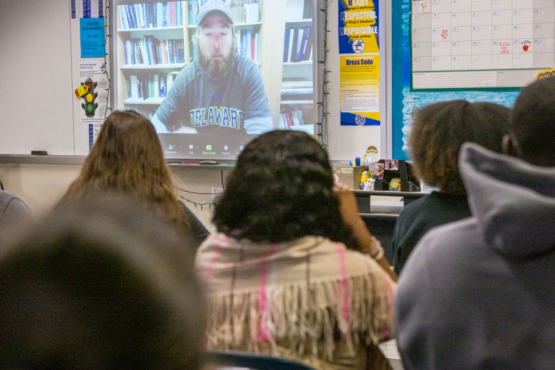 Marine biology students from Caesar Rodney High School in Kent County talk with University of Delaware’s Matthew Breece, research scientist about conducting fieldwork on penguins in Antarctica. Marine biology students from Caesar Rodney High School in Kent County talk with University of Delaware’s Matthew Breece, research scientist about conducting fieldwork on penguins in Antarctica.