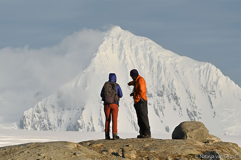 UD research scientist Matthew Breece (right) and post-doctoral researcher Leila Character get acquainted with the landmarks and landscapes near Palmer Station.