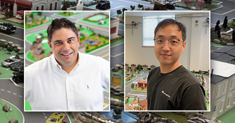 With new grants in hand, Prof. Andreas Malikopoulos (left), doctoral student Heeseung Bang (right) and fellow researchers in the Information and Decision Science Lab are poised to continue their work on AI-driven vehicles in the safe, controlled environment of UD’s Spencer Lab.
