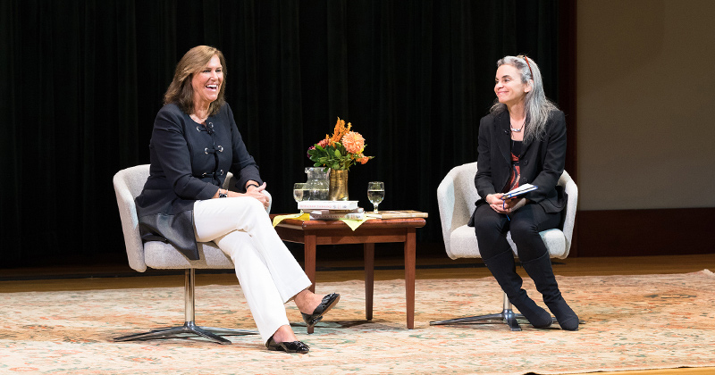 Former Gore CEO and UD alumna Terri Kelly (left) discussed leading through challenging situations with UD Prof. Wendy Smith during the 2022 Chaplin Tyler Lecture.