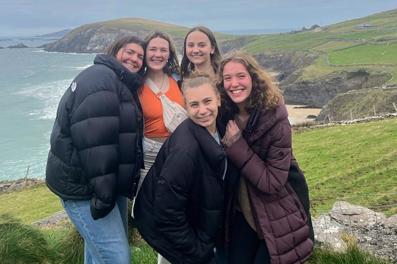 From left to right, UD nursing students Abigail Chiappone and Karalyn Viszoki pose with Iowa State student Tessa Morgan, and UD nursing students Paige Beam and Lauren Maransky on the The Dingle Peninsula on Ireland’s southwest Atlantic coast.