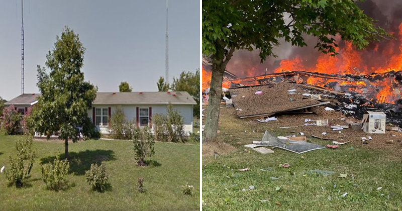 “In a split second,” Angel Miller says, her parents’ home went from looking as it did on the left to looking like it did on the right after the propane gas explosion and fire.