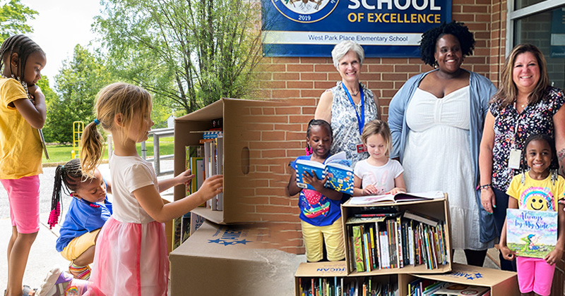 The UD Library, Museums and Press hosted a children’s book drive to benefit students at West Park Place Elementary School in Newark. Students and administrators, including Academic Dean Nancy Ventresca (left) and Principal Tracy Novack (right), were on hand to receive the donated books from Tywanda Cuffy (center), director of external relations, communications and development initiatives at the UD Library, Museums and Press.