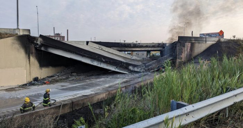 The northbound lane of Interstate 95 collapsed on Sunday, June 11, 2023 in Northeast Philadelphia after a gasoline tanker truck caught fire while under the overpass. Officials reportedly determined the nearby southbound lane to be unsafe and said it must also be replaced. Months will pass before replacements can be built and normal traffic patterns are restored.