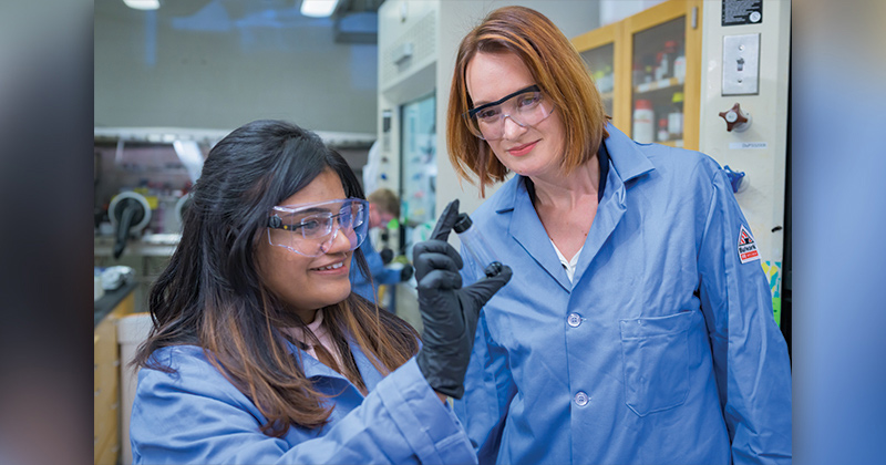 Laure Kayser (right), an assistant professor in the College of Engineering’s Department of Materials Science and Engineering and doctoral candidate Vidhika Damani working in the lab with PEDOT:PSS, a polymer with the unique ability to conduct both electrons and ions. Laure Kayser (right), an assistant professor in the College of Engineering’s Department of Materials Science and Engineering and doctoral candidate Vidhika Damani working in the lab with PEDOT:PSS, a polymer with the unique ability to conduct both electrons and ions.
