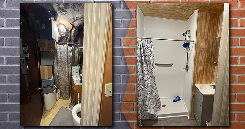 Before and after photos show bathroom updates completed by Habitat Humanity at a duplex owned by a single mother of five children. 