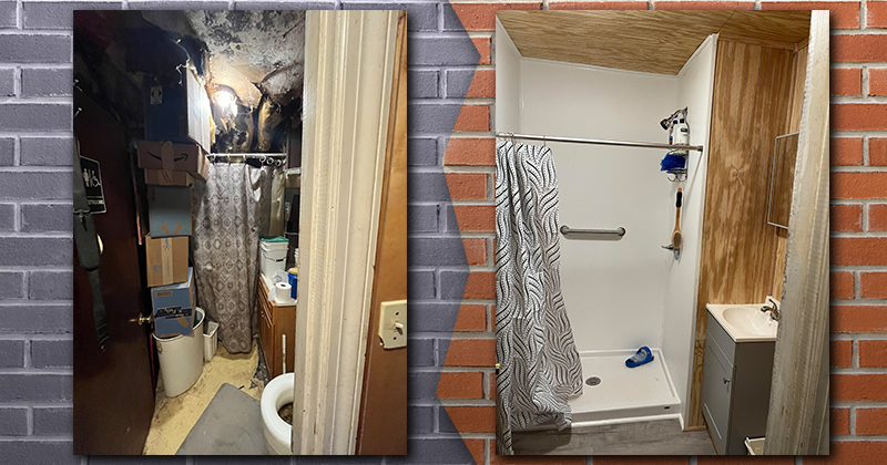 Before and after photos show bathroom updates completed by Habitat Humanity at a duplex owned by a single mother of five children. Before and after photos show bathroom updates completed by Habitat Humanity at a duplex owned by a single mother of five children.