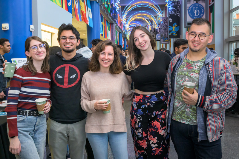 International Coffee Hour began in 2013 as part of an effort to enhance the international student experience at UD.Pictured here are Maria Ferre (Spain), Christian Escobar (Colombia), Julia Poyato (Spain), Helena Rhein (Long Island, New York) and Anuar Dorzhigulov (Kazakhstan). 