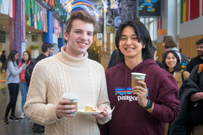 Joshua Sparks (left), a sophomore three-language major, and Omi Hatada, a student from Japan, met at International Coffee Hour in the fall of 2022.