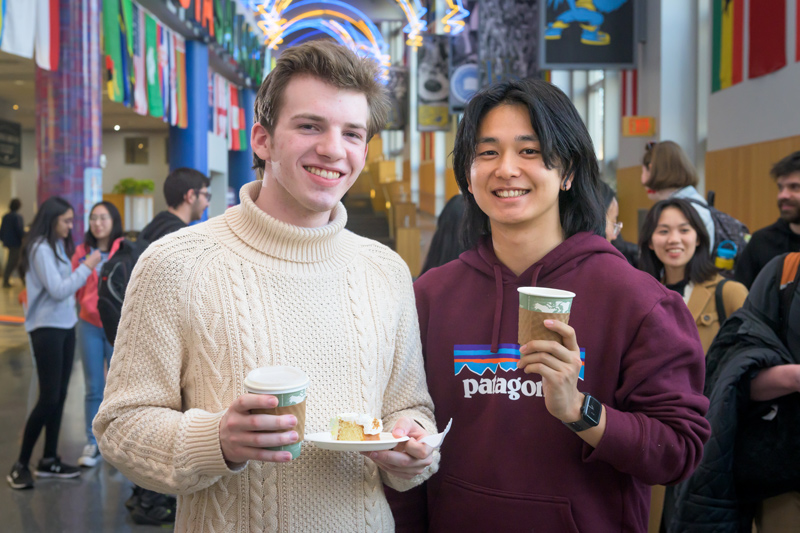 Joshua Sparks (left), a sophomore three-language major, and Omi Hatada, a student from Japan, met at International Coffee Hour in the fall of 2022. Joshua Sparks (left), a sophomore three-language major, and Omi Hatada, a student from Japan, met at International Coffee Hour in the fall of 2022.