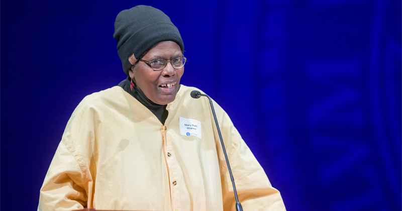 Mary Ruth Warner gives an acceptance speech after receiving an award at the Inaugural Ida B. Wells Lecture. 