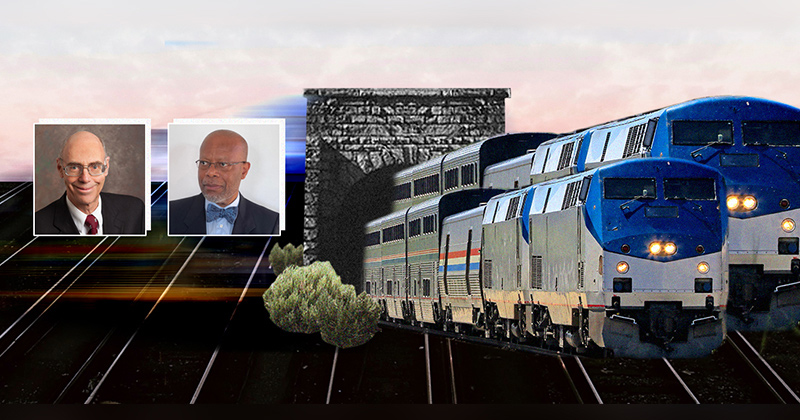 Professor Allan Zarembski, director of the University of Delaware’s Railroad Engineering Program, (left) and Anthony Saka, the inaugural chairman of the Department of Transportation and Urban Infrastructure Studies at Morgan State University, are leading a $4.6 million workforce development grant to implement a new railway engineering track at Morgan State. Their work will also create a foundation for developing similar programs at other HBCUs. Professor Allan Zarembski, director of the University of Delaware’s Railroad Engineering Program, (left) and Anthony Saka, the inaugural chairman of the Department of Transportation and Urban Infrastructure Studies at Morgan State University, are leading a $4.6 million workforce development grant to implement a new railway engineering track at Morgan State. Their work will also create a foundation for developing similar programs at other HBCUs.