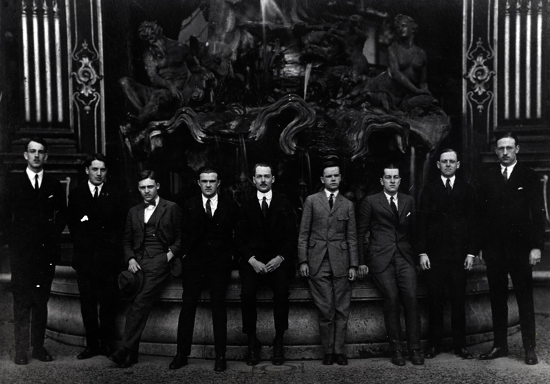 The first group of UD students to spend part of their junior year abroad posed in 1923 in front of the "Golden Gates" in the Place Stanis las Nancy. The town of Nancy is east of Paris, four to five hours by car. From left to right are David M. Doughery, Austin P. Cooley, John C. Snyder, Herbert H. Lank, Prof. Raymond Kirkbride, Francis J. Cummings, William K. Mendenhall, T. Russell Turner, John W. Walker. The first group of UD students to spend part of their junior year abroad posed in 1923 in front of the "Golden Gates" in the Place Stanis las Nancy. The town of Nancy is east of Paris, four to five hours by car. From left to right are David M. Doughery, Austin P. Cooley, John C. Snyder, Herbert H. Lank, Prof. Raymond Kirkbride, Francis J. Cummings, William K. Mendenhall, T. Russell Turner, John W. Walker.