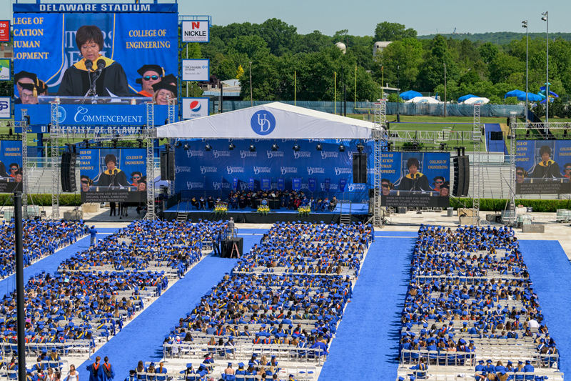 Drenched in sunshine at Delaware Stadium, the University of Delaware Class of 2023 was celebrated by family, friends, UD leaders and former astronaut Mae Jemison.