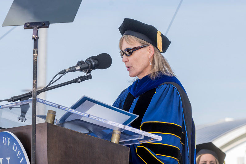 Laura Carlson, who is finishing her first year as provost, applauded the academic success of the Class of 2023 — and the family members and professors who helped those graduates. Laura Carlson, who is finishing her first year as provost, applauded the academic success of the Class of 2023 — and the family members and professors who helped those graduates.
