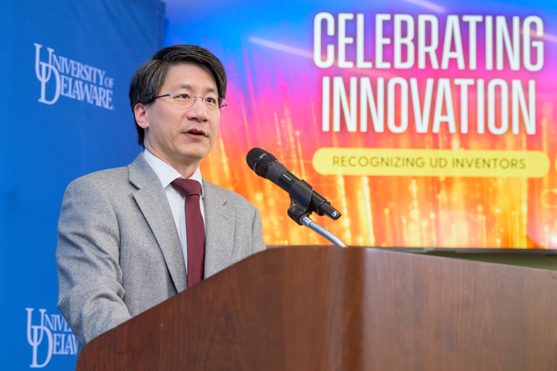 Kelvin Lee, interim vice president for research, scholarship and innovation, reminded the inventors in attendance that UD is behind them. “To all of our inventors, I want to underscore that the UD Research Office is here to support you in your activities, along with the Office of Economic Innovation and Partnerships, which is available to help move your ideas forward and to expand the culture of innovation at UD,” Lee said. Kelvin Lee, interim vice president for research, scholarship and innovation, reminded the inventors in attendance that UD is behind them. “To all of our inventors, I want to underscore that the UD Research Office is here to support you in your activities, along with the Office of Economic Innovation and Partnerships, which is available to help move your ideas forward and to expand the culture of innovation at UD,” Lee said.