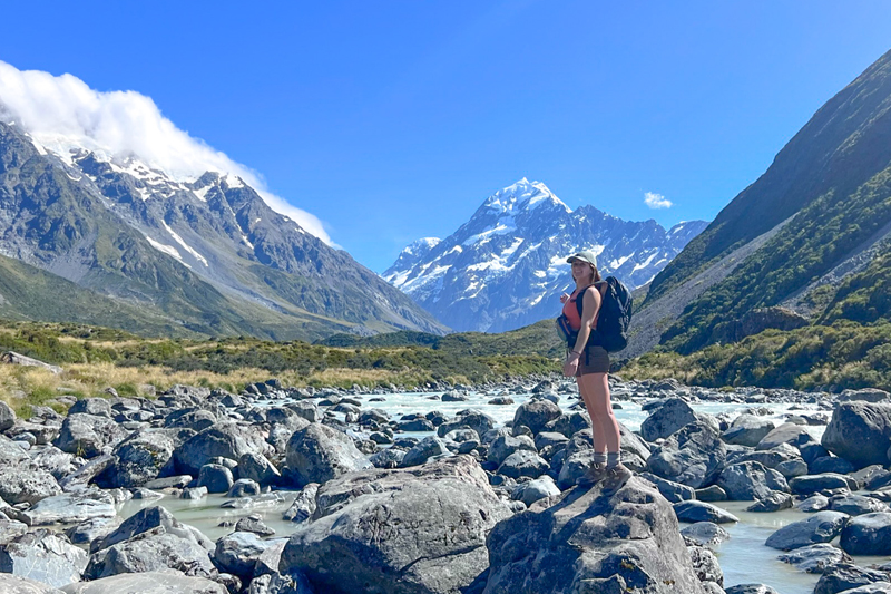 Francesca Holl and snow-capped mountains and glacier lakes