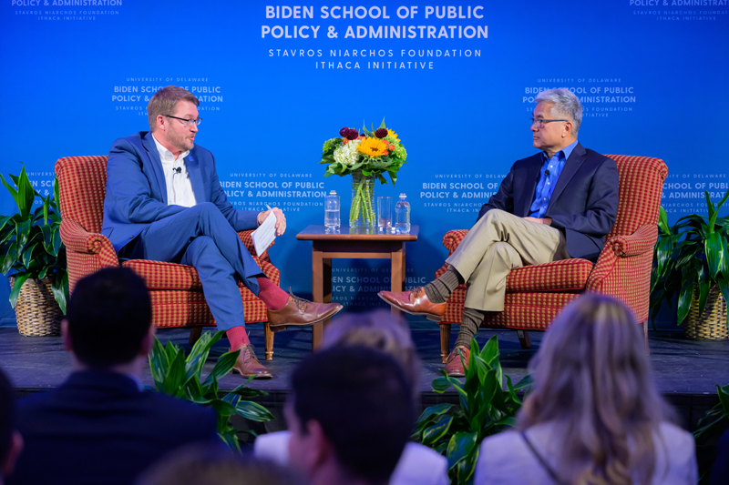 Timothy J. Shaffer, Stavros Niarchos Foundation (SNF) Chair of Civil Discourse and SNF Ithaca Initiative Director in the Biden School, in conversation with former US Ambassador to China Gary Locke. Timothy J. Shaffer, Stavros Niarchos Foundation (SNF) Chair of Civil Discourse and SNF Ithaca Initiative Director in the Biden School, in conversation with former US Ambassador to China Gary Locke.