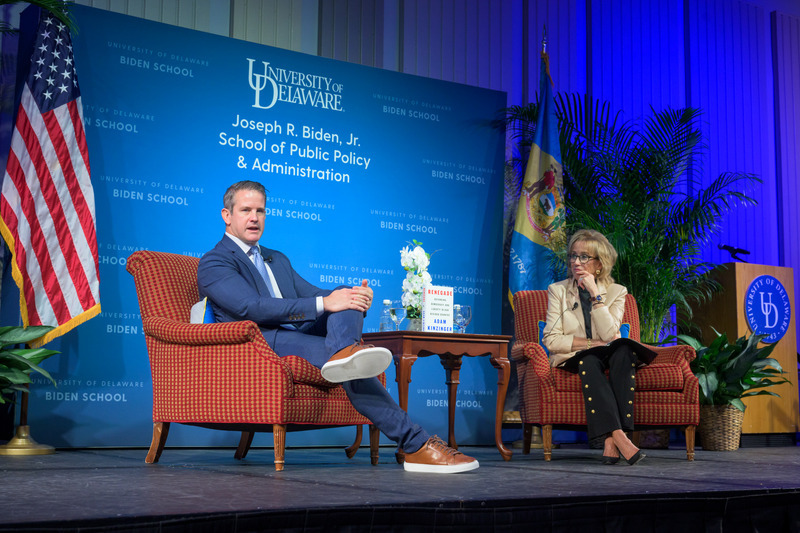 Former U.S. Congressman Adam Kinzinger of Illinois in conversation with Valerie Biden Owens, Chair of the Biden Institute.