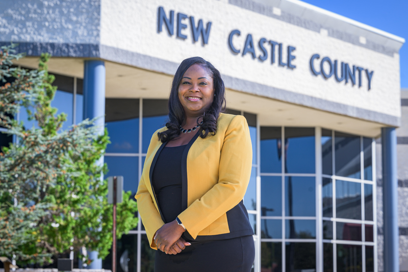 Vanessa Phillips stands in front of the New Castle County executive office