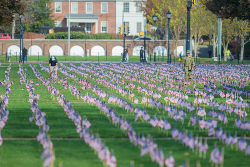 In advance of Veterans Day, which is Saturday, Nov. 11, student veterans planted 7,078 American flags on The Green In advance of Veterans Day, which is Saturday, Nov. 11, student veterans planted 7,078 American flags on The Green