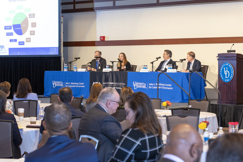 From left, Rick Alexander, Lisa Boyd, moderator Trevor Norwitz and Paul Atkins take part in a discussion of the state of the environmental, social and governance (ESG) movement at the 2023 Delaware Governance Institute.