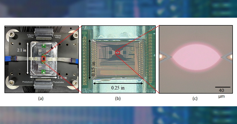 A photonic integrated circuit (PIC) that relies on light instead of electrons developed by Phase Sensitive Innovations, an industry collaborator with UD-WISE.