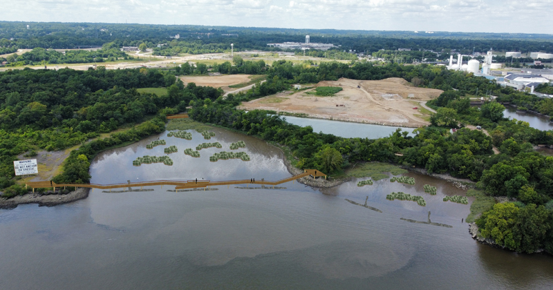 Pictured is the breakwater design, which includes a pedestrian bridge and aquatic habitat.