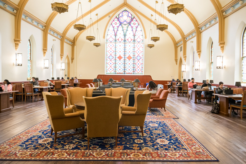 Daugherty Hall is a tranquil study and gathering space with dramatic arched stained glass windows. Daugherty Hall is a tranquil study and gathering space with dramatic arched stained glass windows.