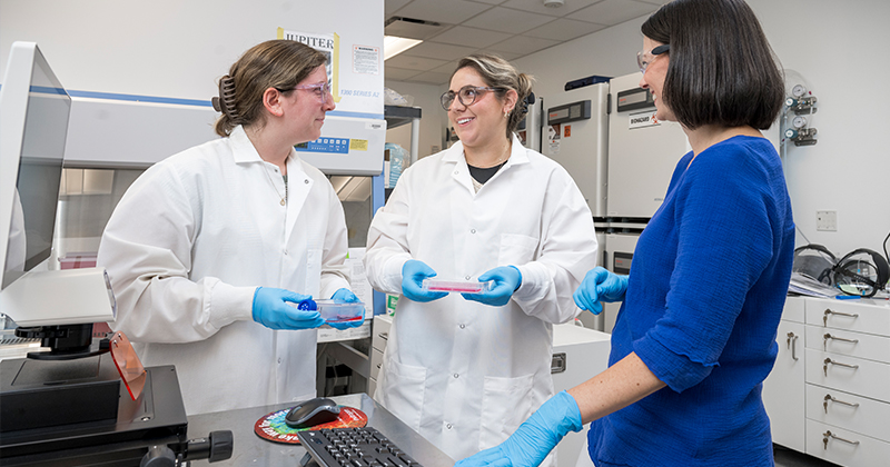 Elise Hoover (left) and Mackenzie Scully (center), both doctoral candidates working in the Day lab, are both evaluating different targets and treatment strategies for difficult-to-treat cancers. 