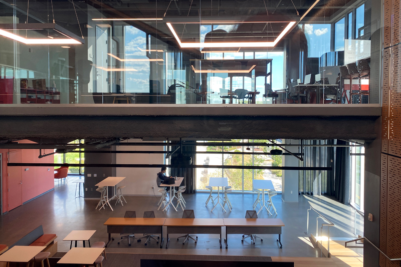 View of the third and fourth floors of the FinTech Innovation Hub, which will soon be bustling with UD faculty and students and their collaborators.
