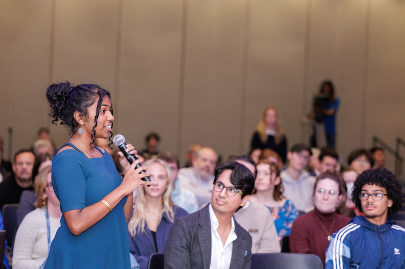 A student in the audience poses a question to the secretary during the Q&A portion of the Biden Institute and Center for Global Programs and Services (CGPS)-partnered special event.