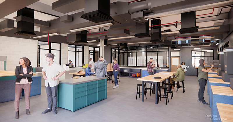 an architectural rendering of students in a workshop with wood working equipment and tables