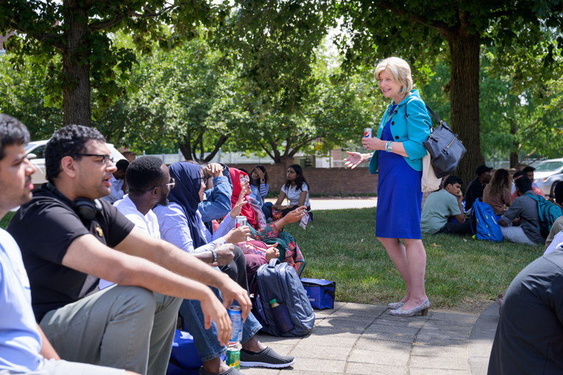 College of Arts and Sciences Interim Dean Debra Hess Norris speaks to new graduate students after delivering the keynote address at New Graduate Student Orientation, held at the Trabant University Center. College of Arts and Sciences Interim Dean Debra Hess Norris speaks to new graduate students after delivering the keynote address at New Graduate Student Orientation, held at the Trabant University Center.