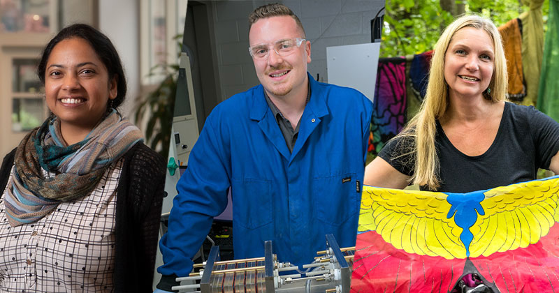 The University of Delaware’s Office of Sustainability has recognized the sustainability efforts of three Blue Hens with 2023 Green Hen Awards. They include (left to right): Haritha Malladi, assistant professor of civil and environmental engineering; Bradie Crandall, a doctoral student in the Department of Chemical and Biomolecular Engineering; and Katie Pollock, master teacher at the Lab School. The University of Delaware’s Office of Sustainability has recognized the sustainability efforts of three Blue Hens with 2023 Green Hen Awards. They include (left to right): Haritha Malladi, assistant professor of civil and environmental engineering; Bradie Crandall, a doctoral student in the Department of Chemical and Biomolecular Engineering; and Katie Pollock, master teacher at the Lab School.