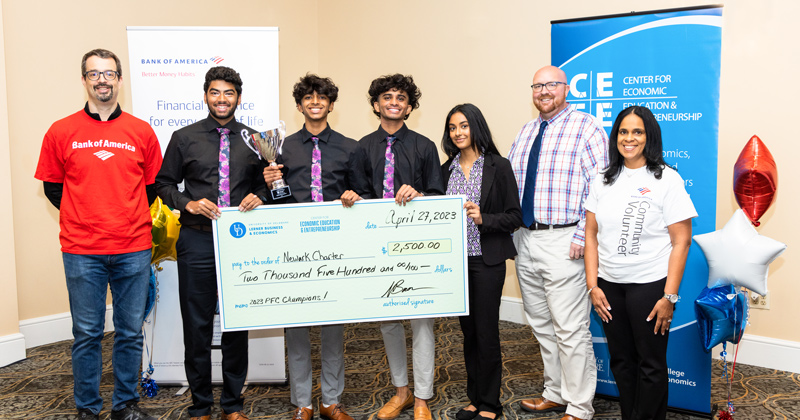 Newark Charter captured its second straight Delaware High School Personal Finance Challenge title this spring. Pictured (l-r): Ryan Conner, Harsha Atluri, Dheeraj Danthuluri, Saharsh Subbasani, Sanjana Medisetty, Justin Miller, Lanette Sherman. Newark Charter captured its second straight Delaware High School Personal Finance Challenge title this spring. Pictured (l-r): Ryan Conner, Harsha Atluri, Dheeraj Danthuluri, Saharsh Subbasani, Sanjana Medisetty, Justin Miller, Lanette Sherman.